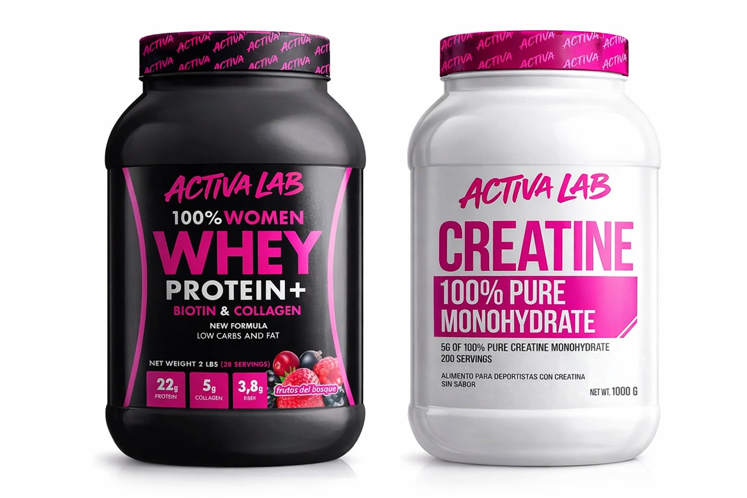 ActivaLab own-brand Whey Protein+ and Creatine tubs
