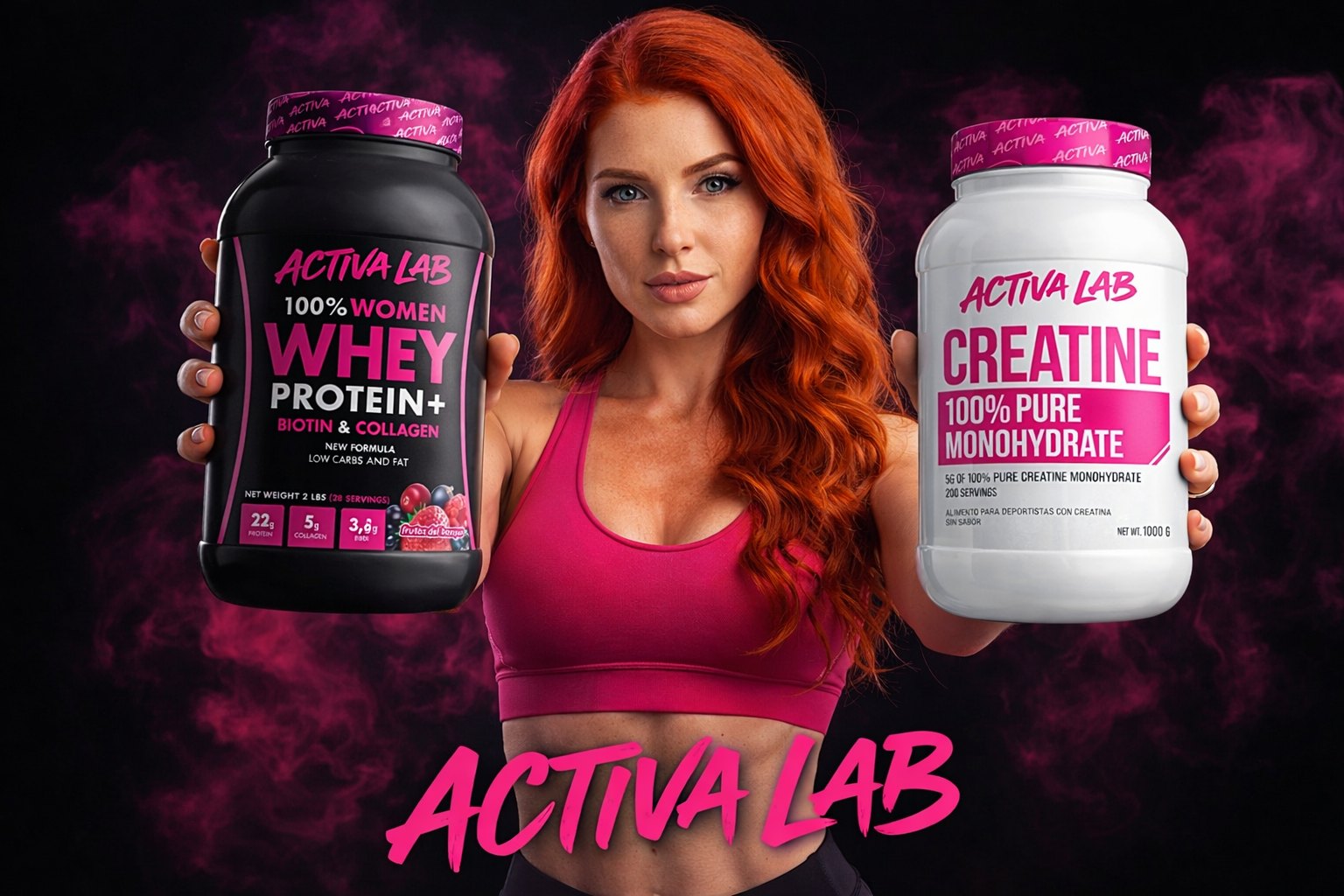 ActivaLab campaign image: a woman holding ActivaLab whey protein and creatine