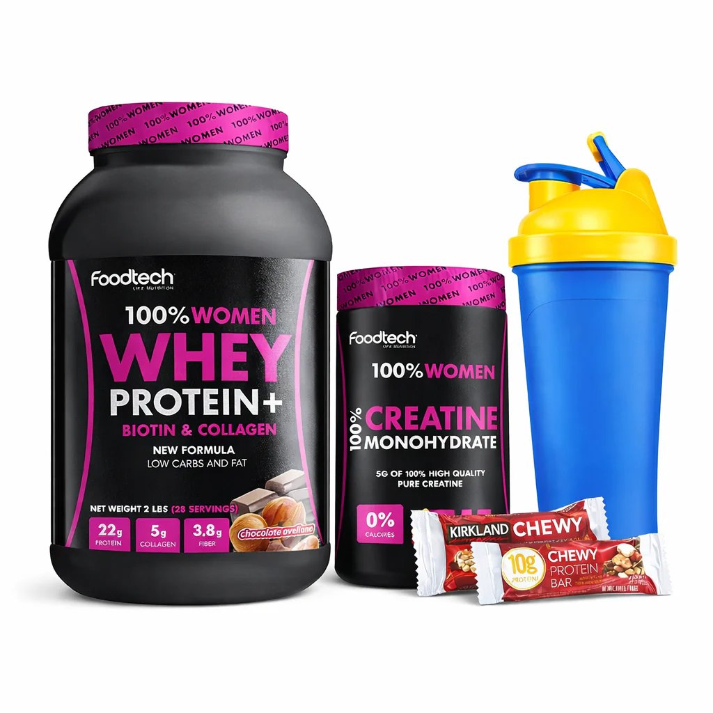 Pack Woman Power: 100% Women Whey Protein+, creatine monohydrate, shaker and protein bars